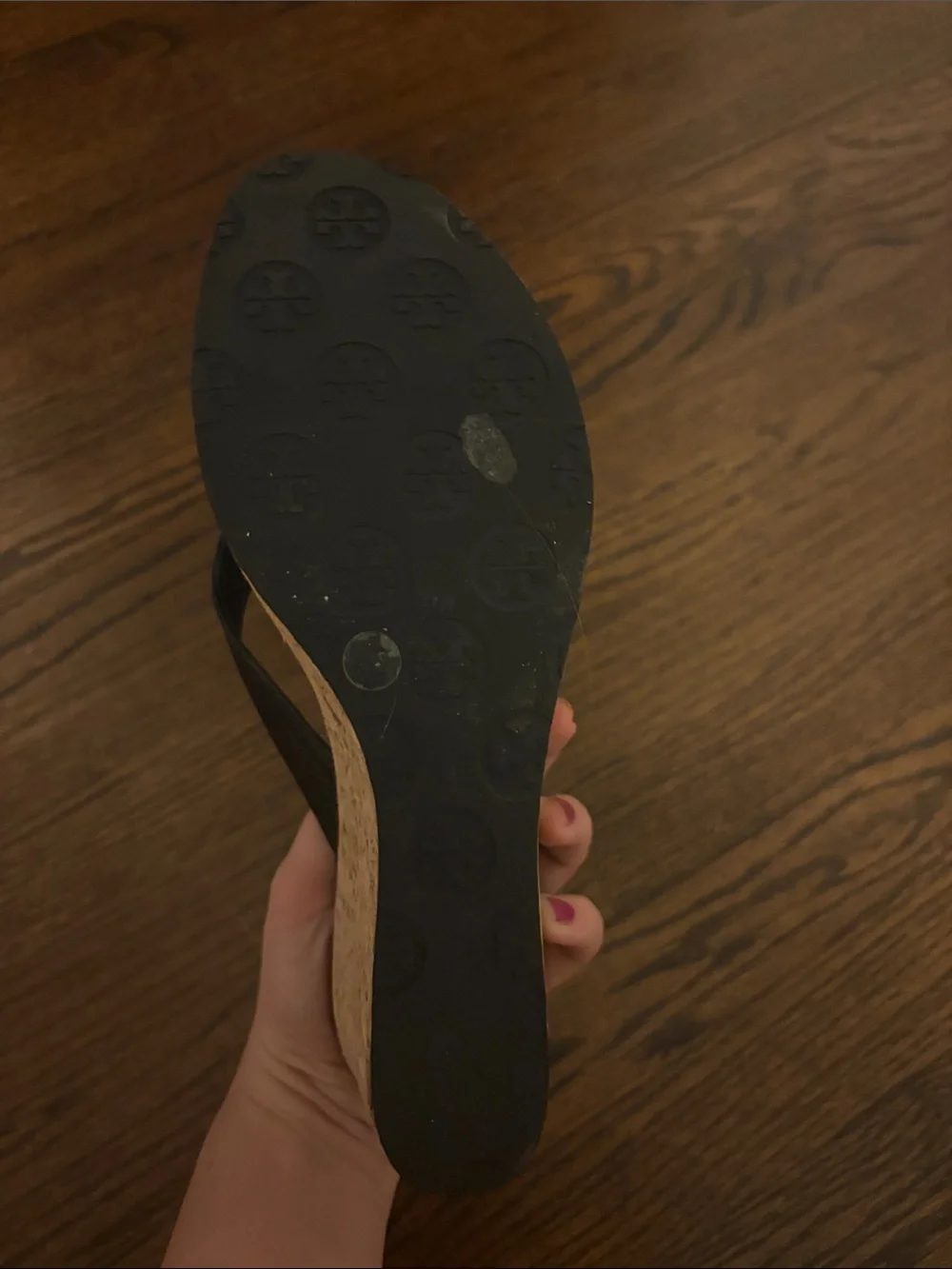 Tory Burch Black Wedge Thong Sandals with Gold Logo